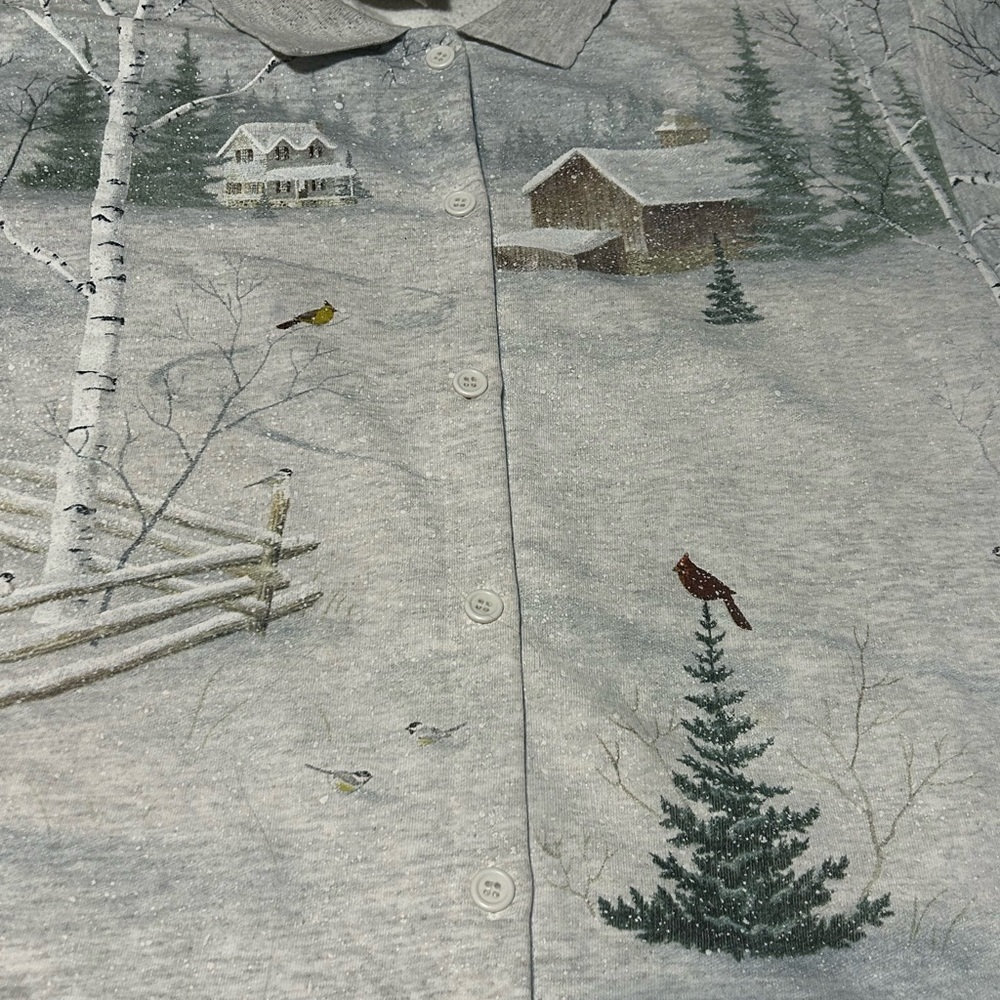 Artisans Knit Winter Scenic Cabin Button Shirt USA Vintage Large - Picture 14 of 16